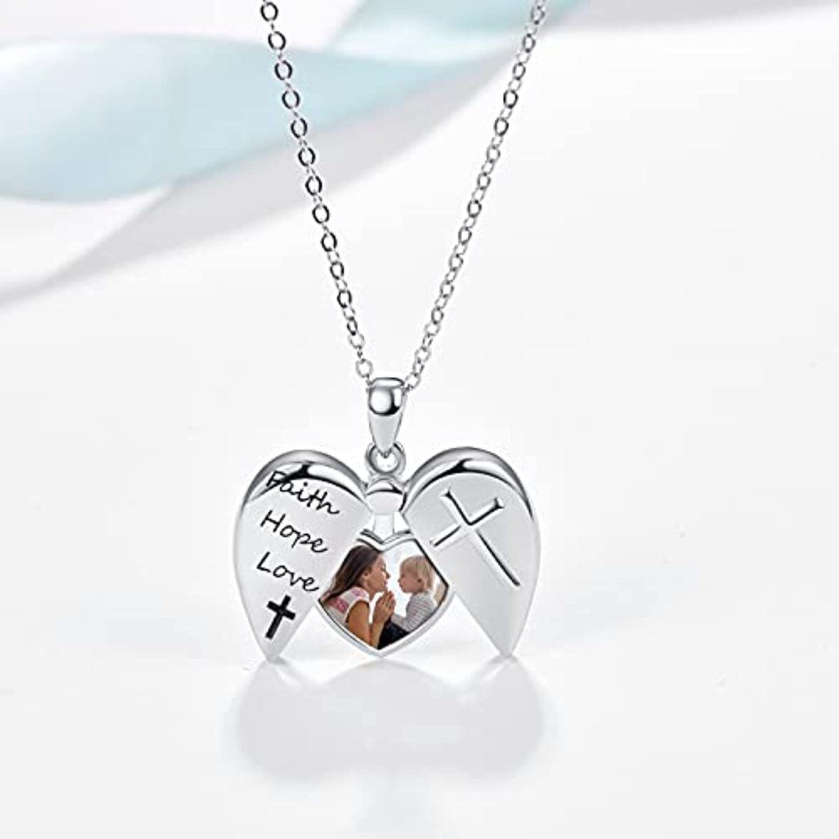 Sterling Silver Heart Personalized Photo Locket Necklace Engraved Faith Hope Love-3