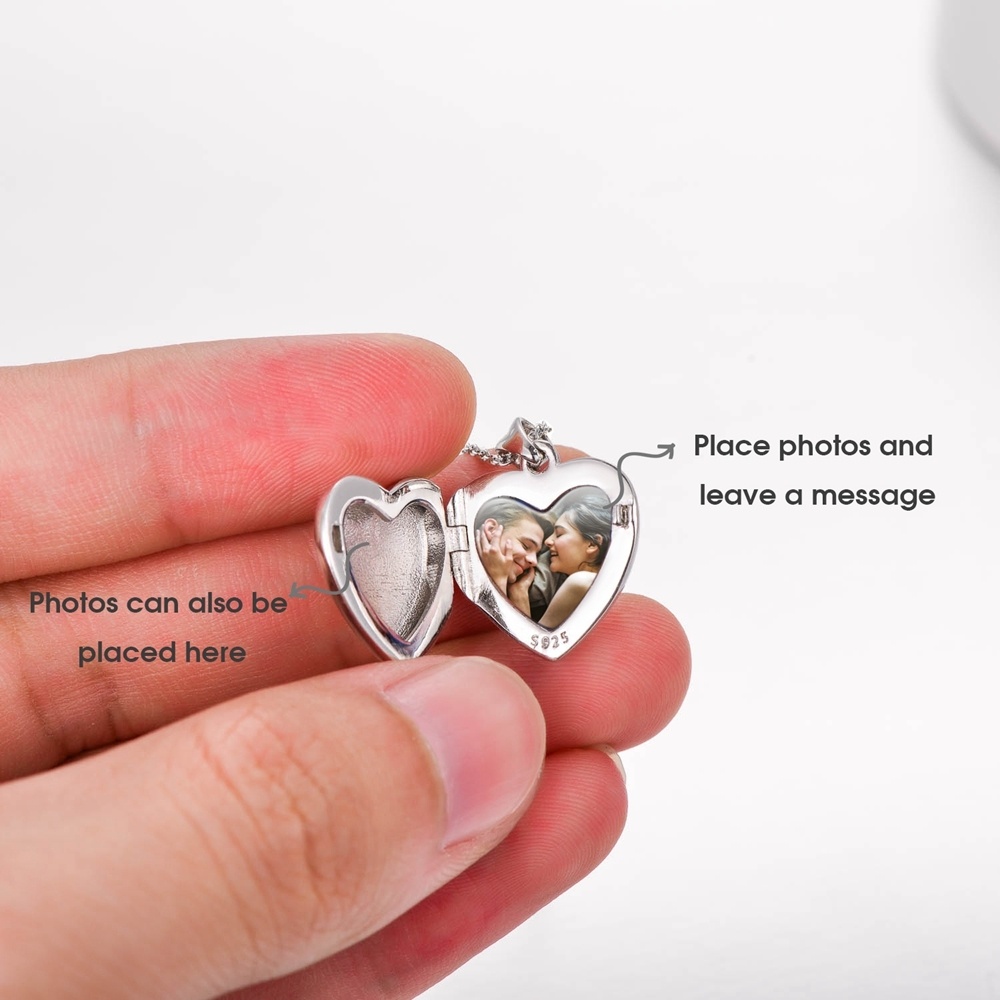 Collana con medaglione con foto personalizzata a forma di cuore in argento sterling incisa per sempre nel mio cuore-5