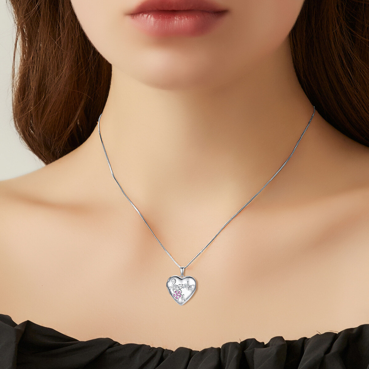 Sterling Silver Cubic Zirconia Heart Personalized Photo Locket Necklace-2