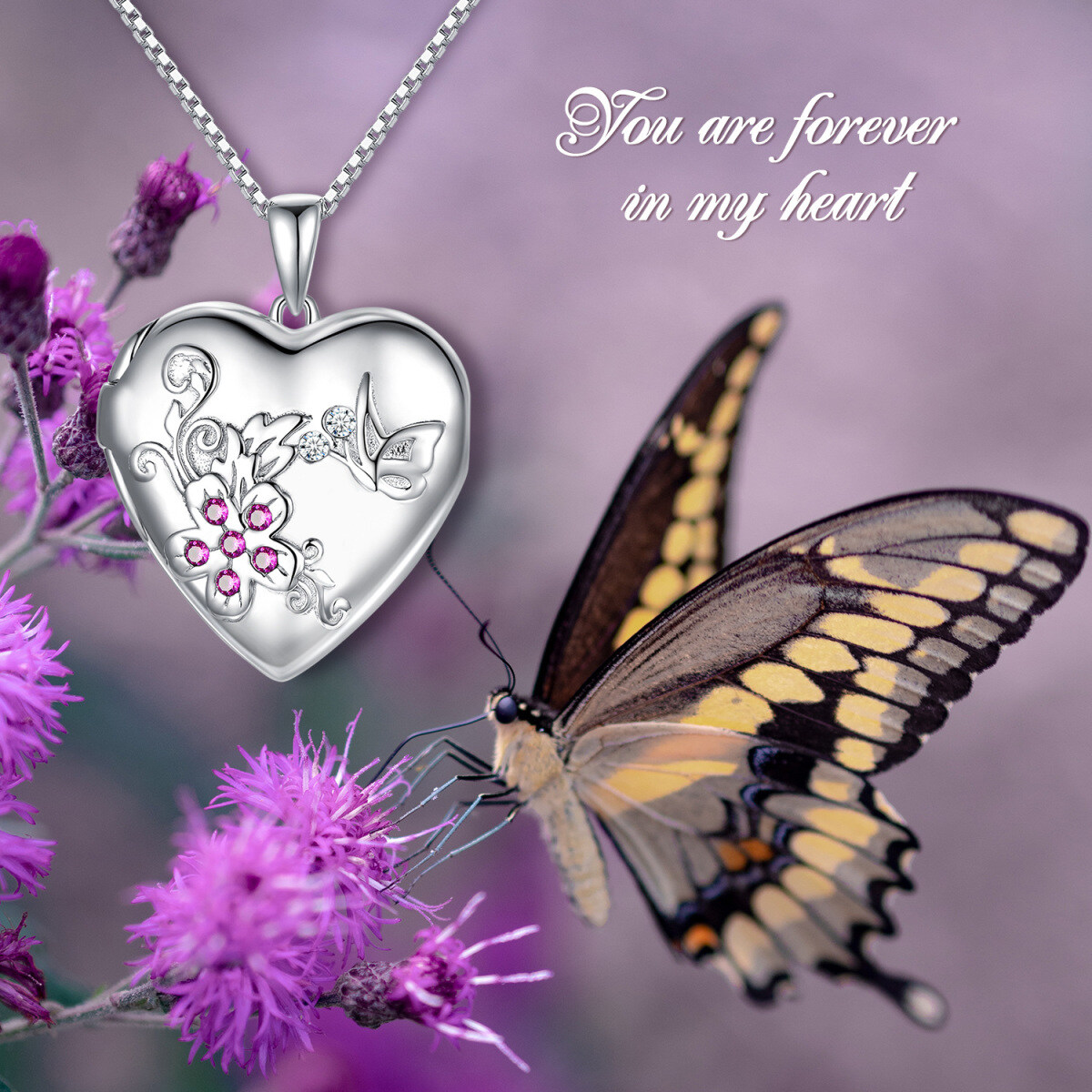 Sterling Silver Cubic Zirconia Heart Personalized Photo Locket Necklace-3