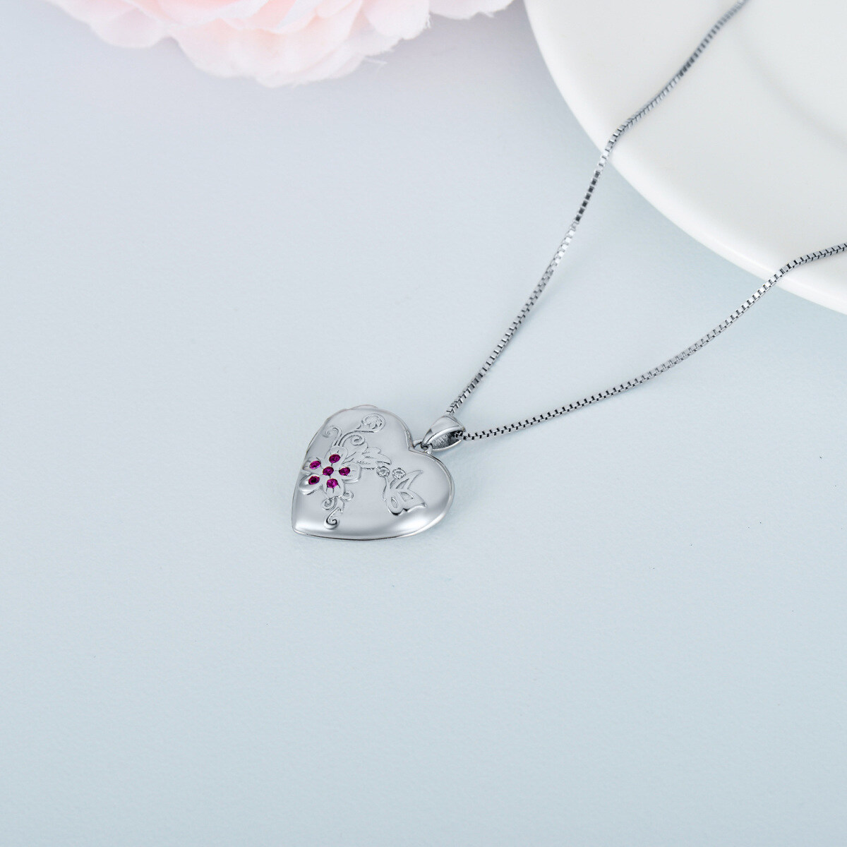 Sterling Silver Cubic Zirconia Heart Personalized Photo Locket Necklace-5