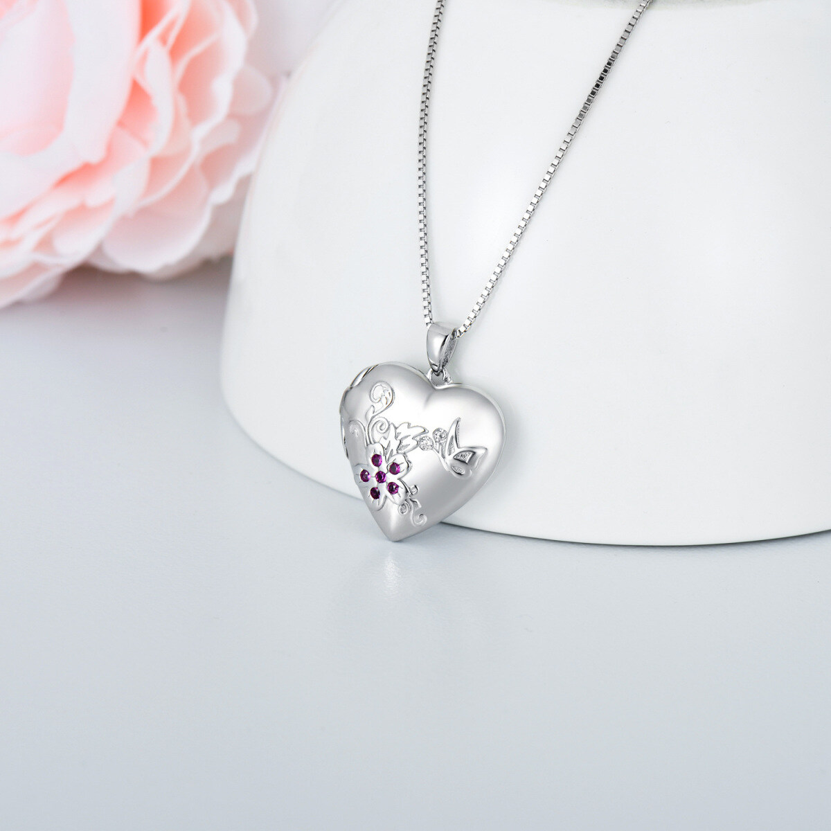 Sterling Silver Cubic Zirconia Heart Personalized Photo Locket Necklace-6