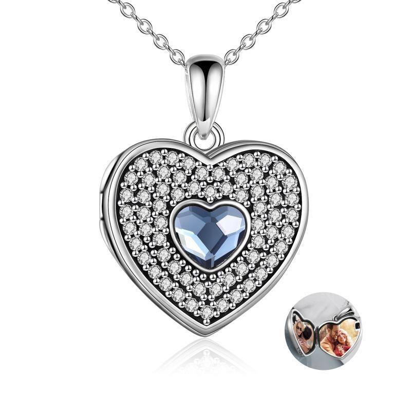 Plata de ley Cubic Zirconia Corazón Personalizado Foto Locket Collar-1