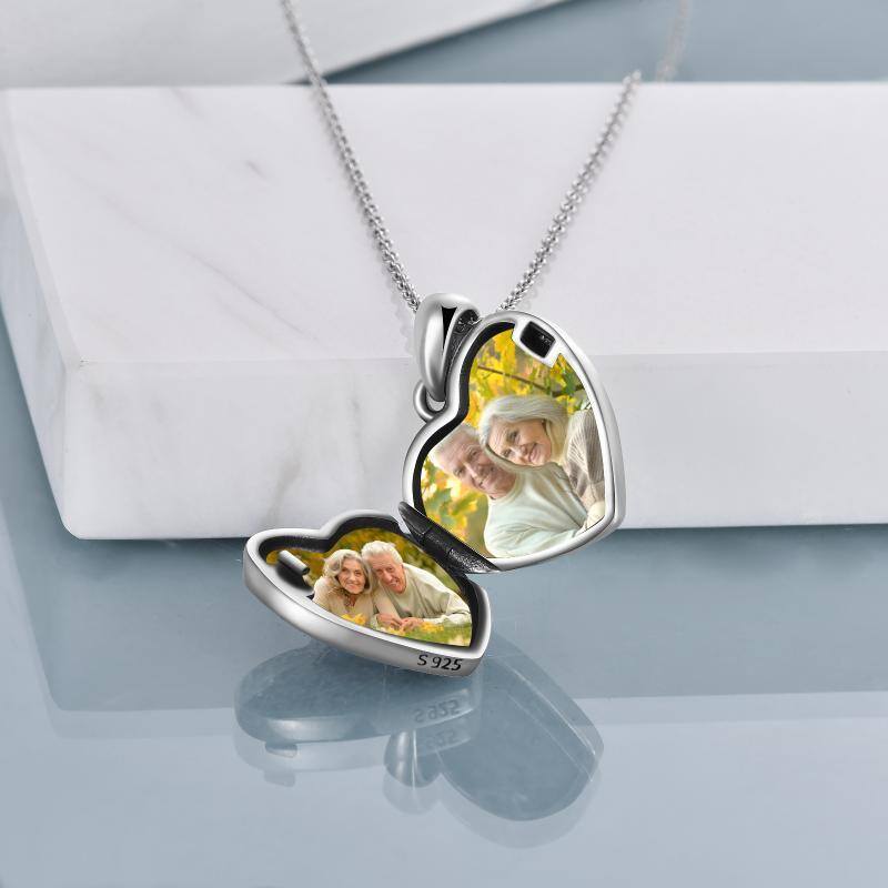 Sterling Silver Cubic Zirconia Heart Personalized Photo Locket Necklace-4