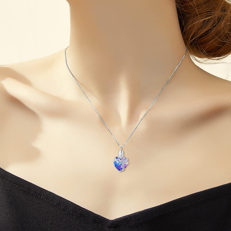 Collana con urna per ceneri in argento sterling con cuore e cristallo viola, albero della vita, per donne-2