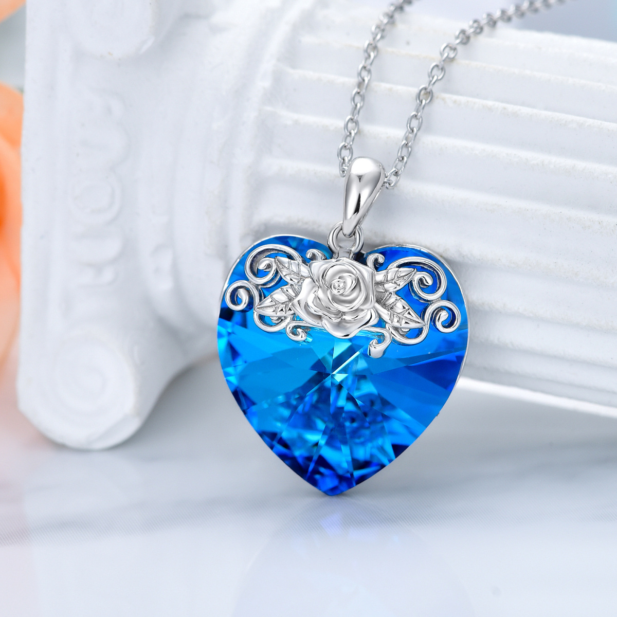 Sterling Silver Heart Crystal Rose Pendant Necklace For Women-3