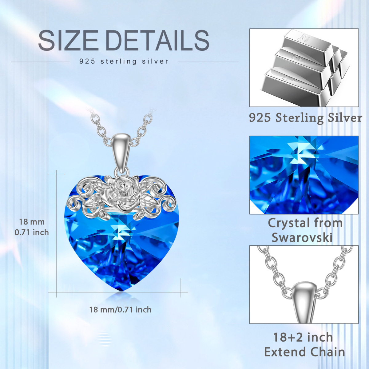 Sterling Silver Heart Crystal Rose Pendant Necklace For Women-6