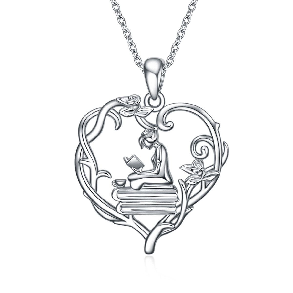 Sterling Silver Rose & Heart Pendant Necklace For Mom-1