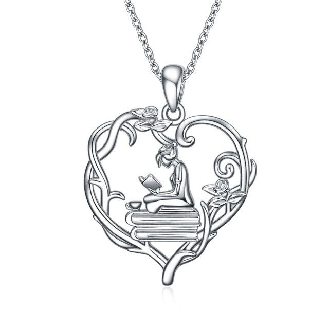 Sterling Silver Heart Rose & Heart Pendant Necklace-3