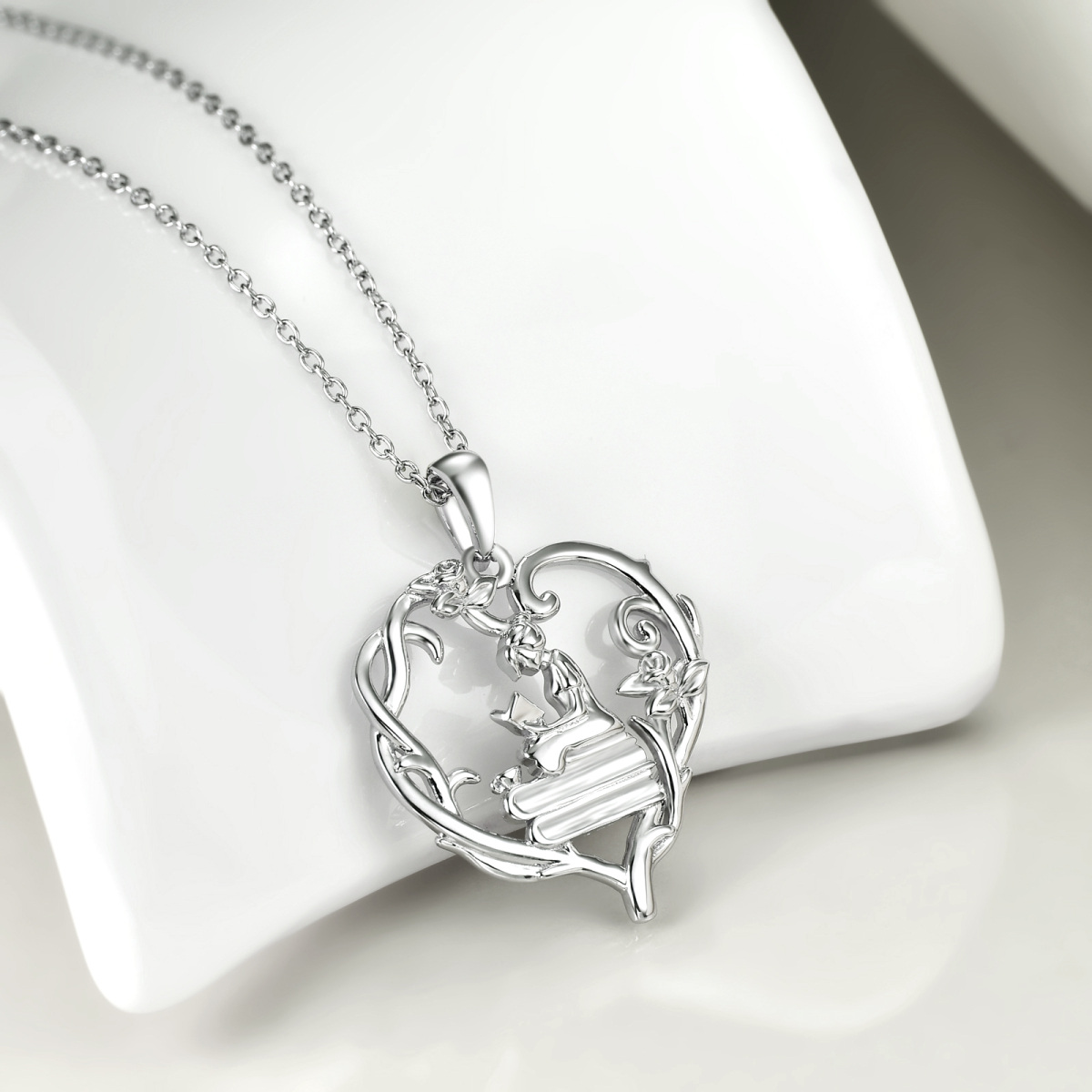 Sterling Silver Rose & Heart Pendant Necklace For Mom-3