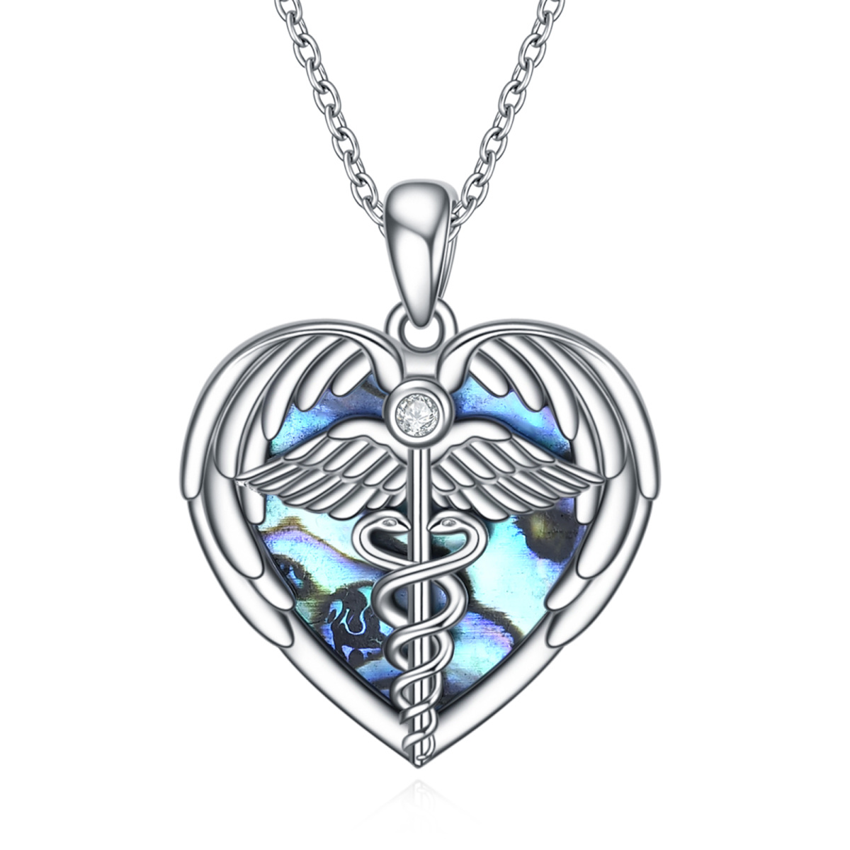 Collar con colgante de caduceo con ala de ángel y mariscos de abulón en forma de corazón de plata de ley para mujer-1