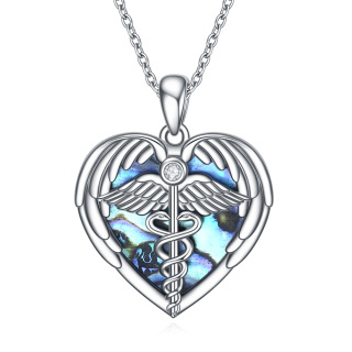 Sterling Silver Heart Abalone Shellfish Angel Wing Caduceus Pendant Necklace For Women-5