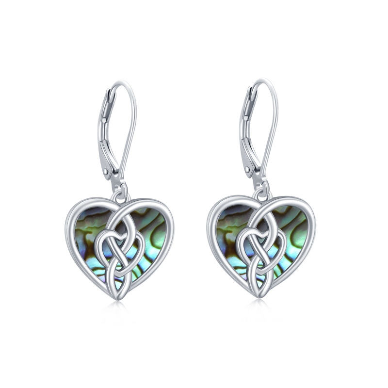 Orecchini a leva da donna in argento sterling con mollusco abalone con nodo celtico e cuore