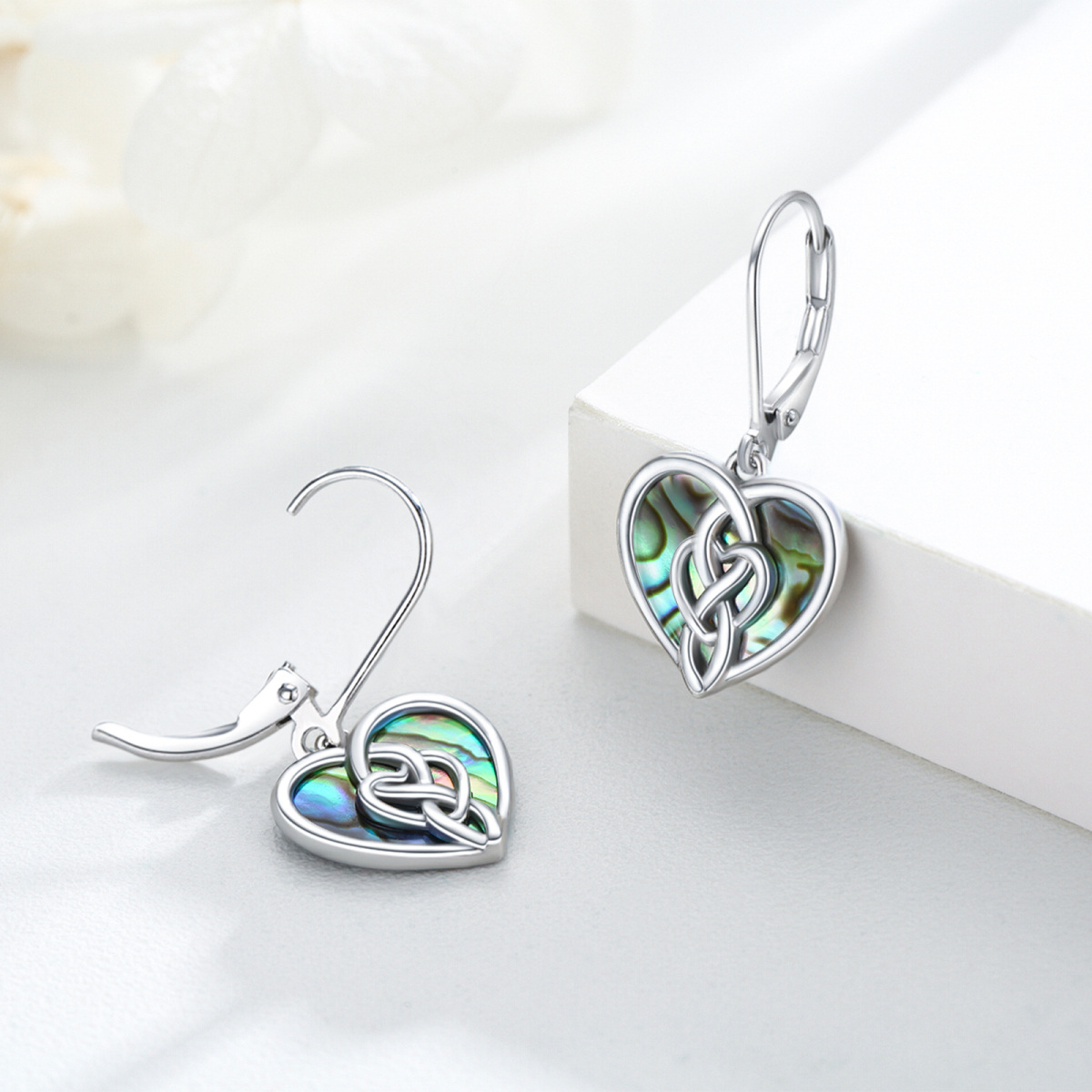 Sterling Silver Abalone Shellfish Celtic Knot With Heart Lever-Back Earrings For Women-4