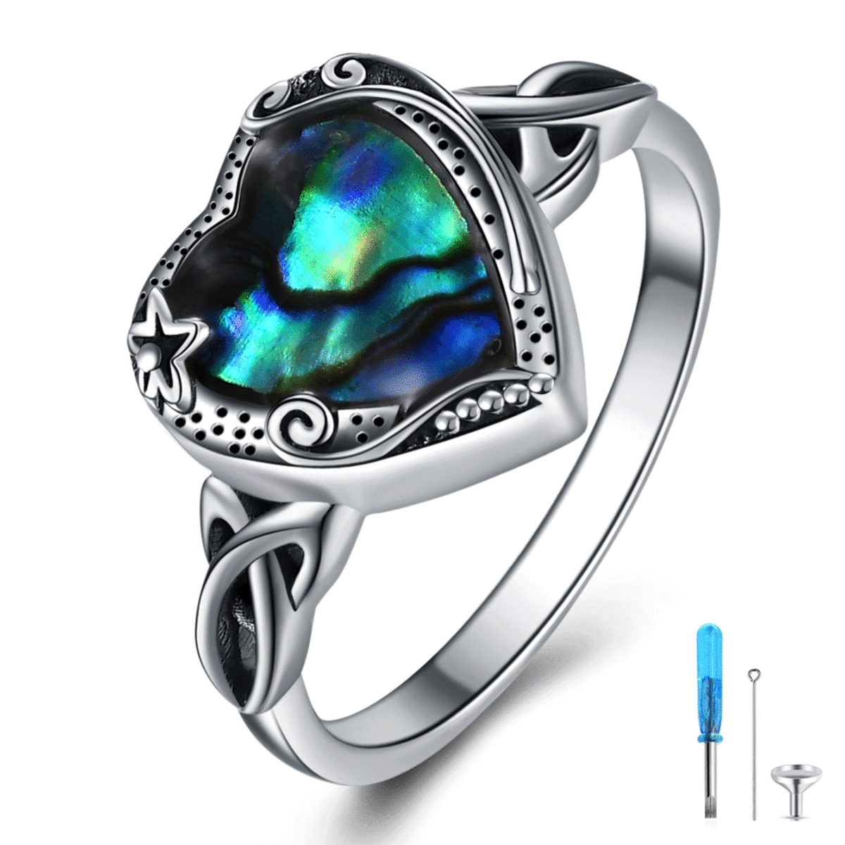 Sterling Silver Heart Abalone Shellfish Celtic Knot Urn Ring-1