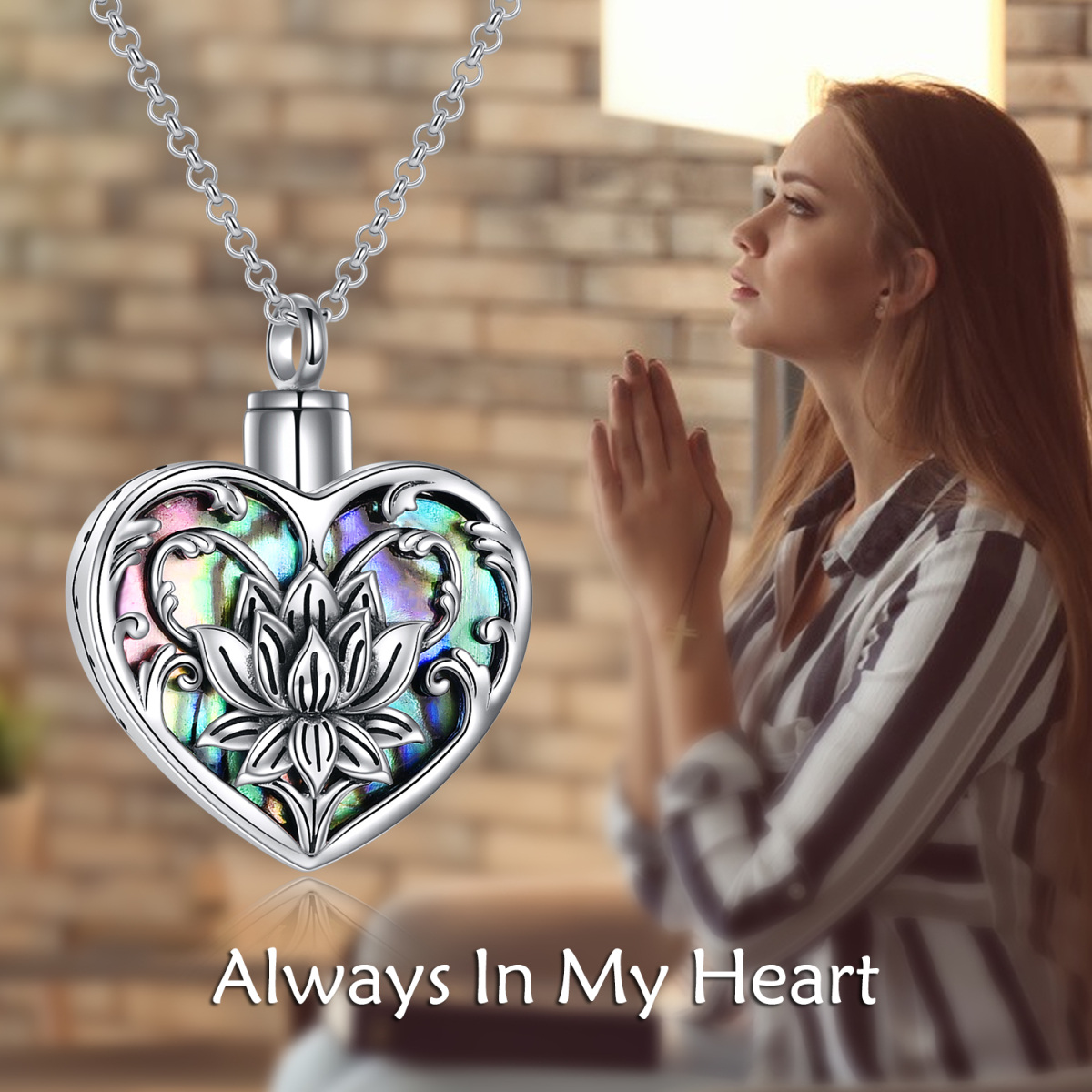 Sterling Silver Heart Abalone Shellfish Lotus Urn Necklace For Ashes-6