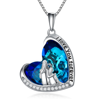 Sterling Silver Heart Shaped Abalone Shellfish Mother & Daughter Pendant Necklace with Engraved Word-26