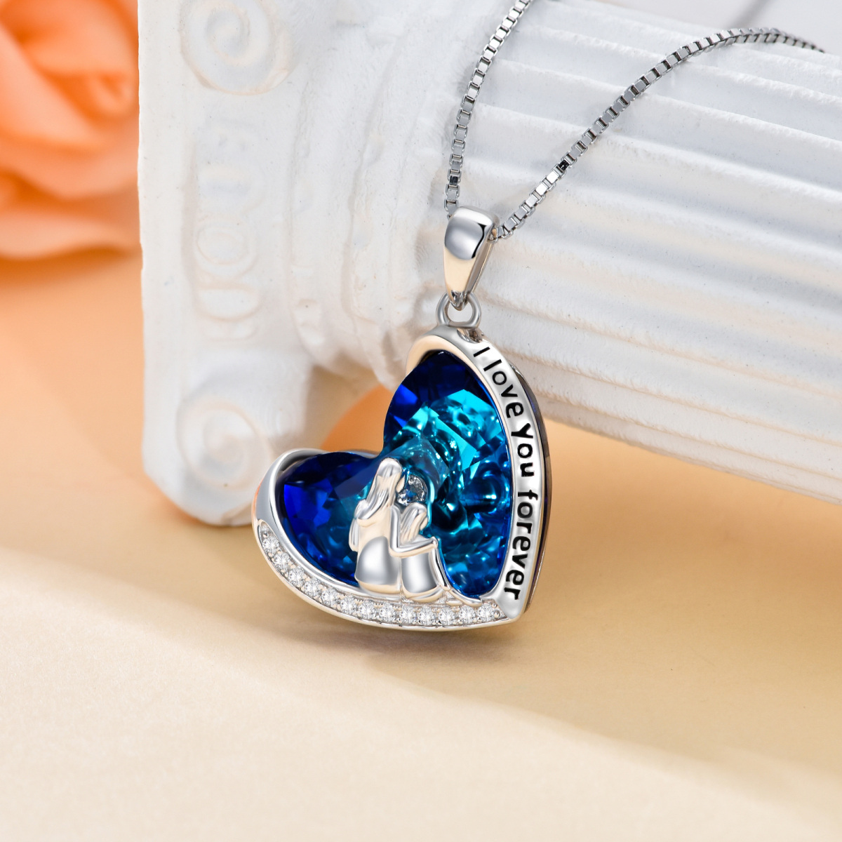 Sterling Silver Heart Shaped Abalone Shellfish Mother & Daughter Pendant Necklace with Engraved Word-3