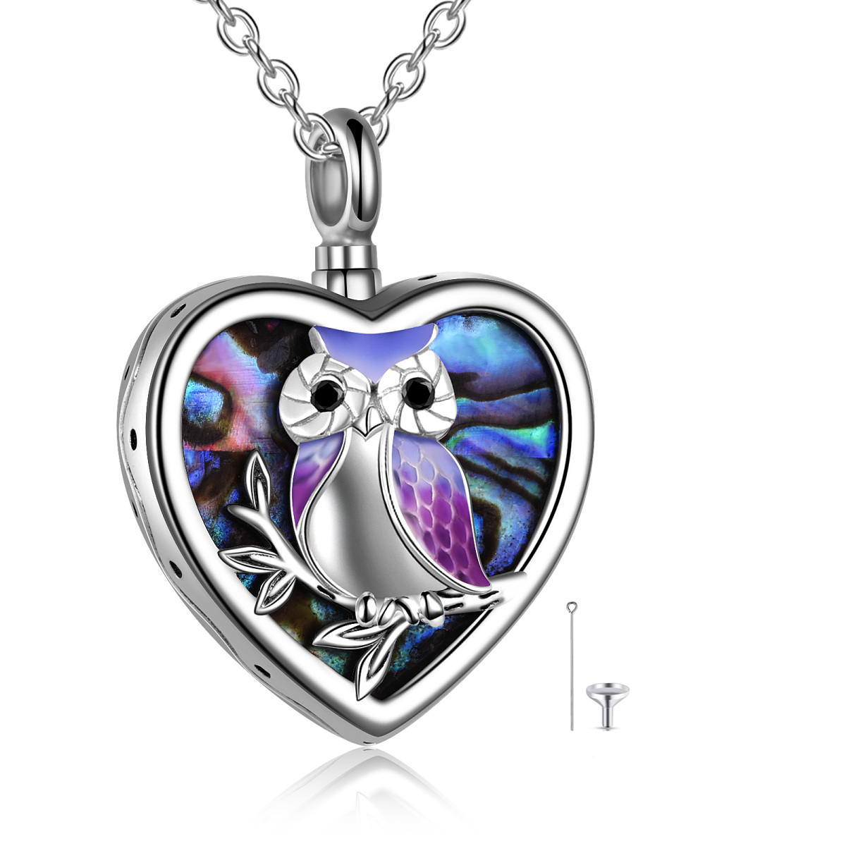 Collier d'Urne en Argent Sterling Coeur Abalone Coquillage Hibou Pour Cendres Pour Femmes-1