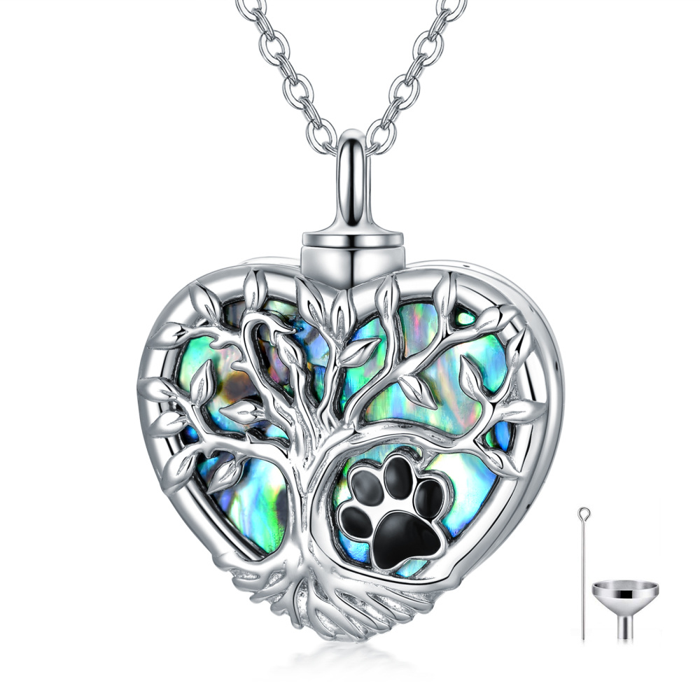 Collar de plata de ley con forma de corazón de abulón y mariscos con urna de árbol de la vida para cenizas para mujeres y mejores amigas-1