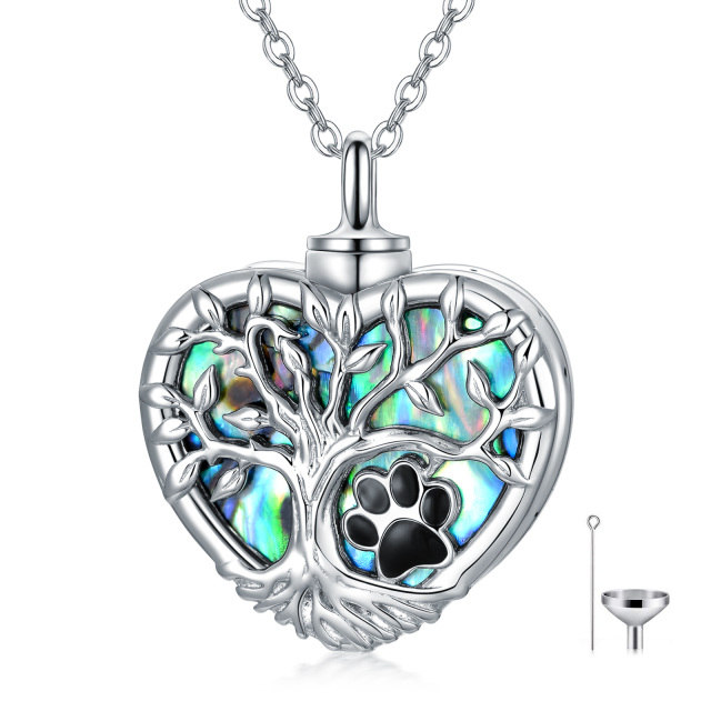 Sterling Silver Heart Shaped Abalone Shellfish Paw & Tree Of Life & Heart Urn Necklace for Ashes