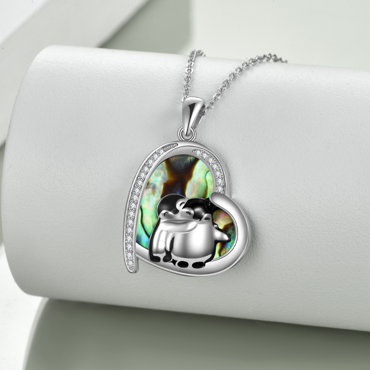 Sterling Silver Heart Abalone Shellfish Penguin Pendant Necklace For Women-3