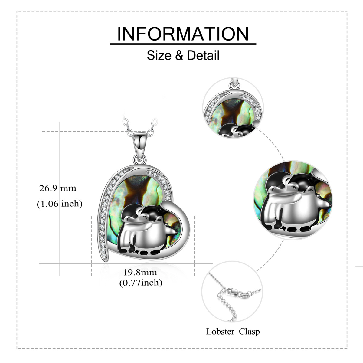 Sterling Silver Heart Abalone Shellfish Penguin Pendant Necklace For Women-5