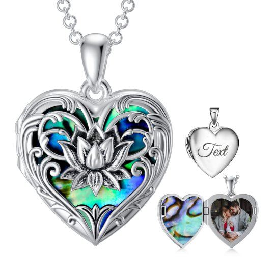 Sterling Silver Heart Shaped Abalone Shellfish & Personalized Engraving Lotus & Personalized Photo & Heart Personalized Photo Locket Necklace