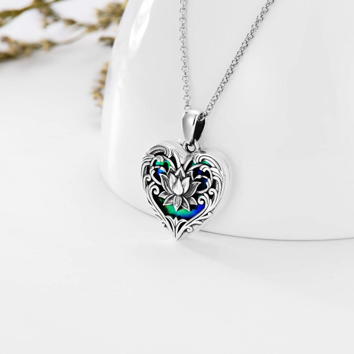 Sterling Silver Heart Shaped Abalone Shellfish & Personalized Engraving Lotus & Personalized Photo & Heart Personalized Photo Locket Necklace-3