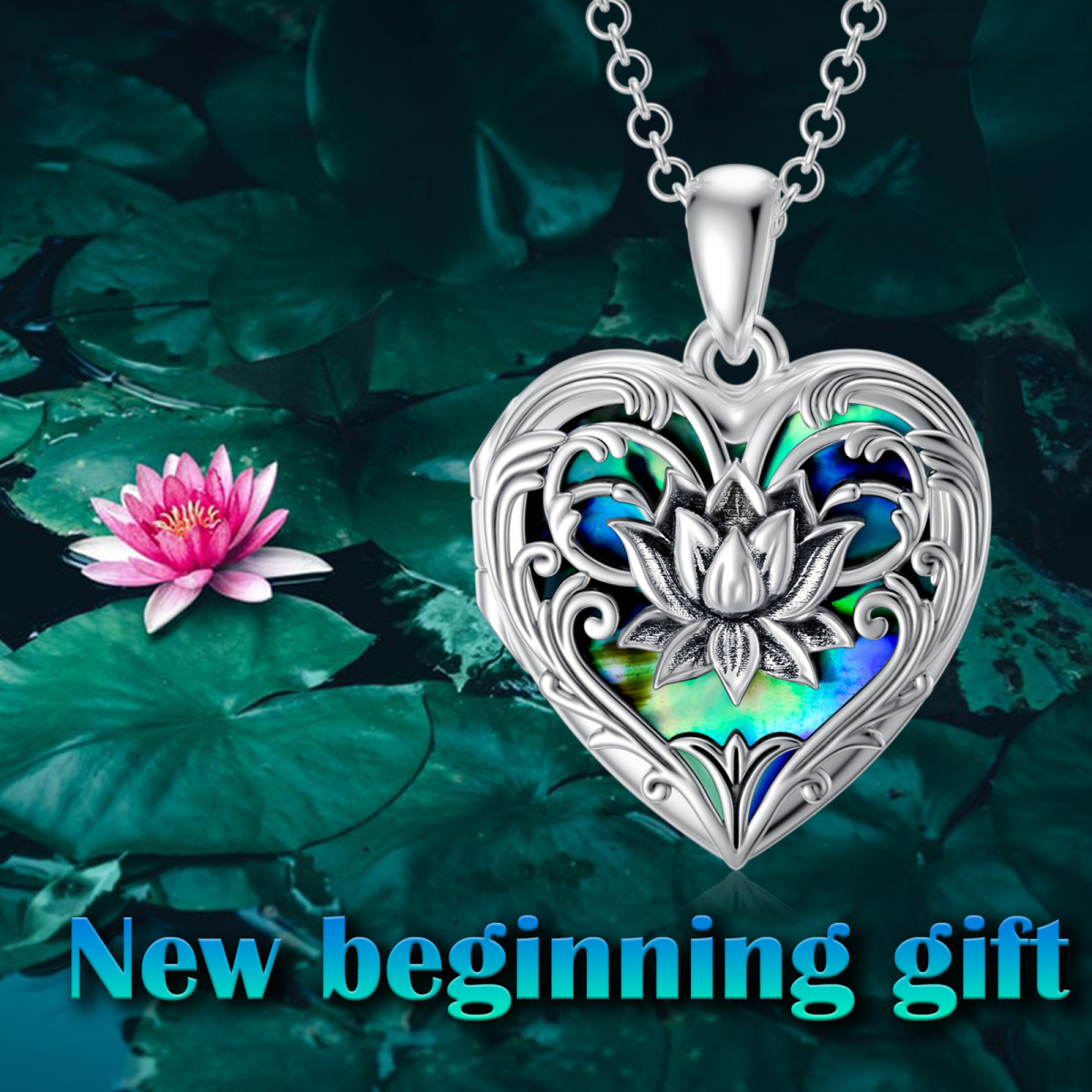 Sterling Silver Heart Shaped Abalone Shellfish & Personalized Engraving Lotus & Personalized Photo & Heart Personalized Photo Locket Necklace-6