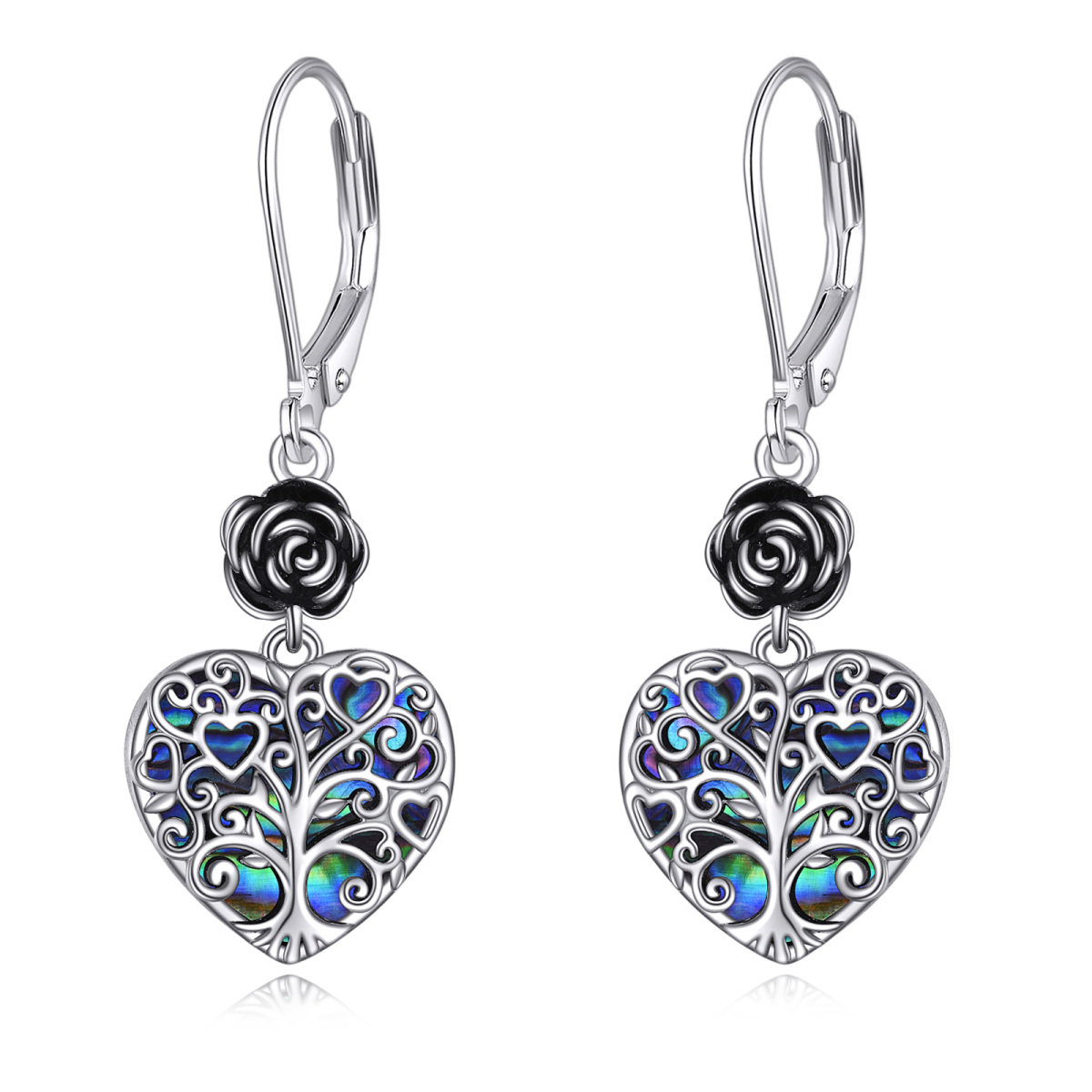 Sterling Silver Heart Shaped Abalone Shellfish Rose & Tree Of Life Lever-back Earrings-1