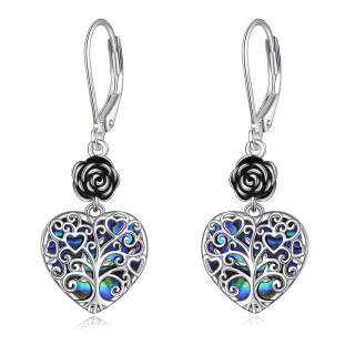 Sterling Silver Heart Shaped Abalone Shellfish Rose & Tree Of Life Lever-back Earrings-9