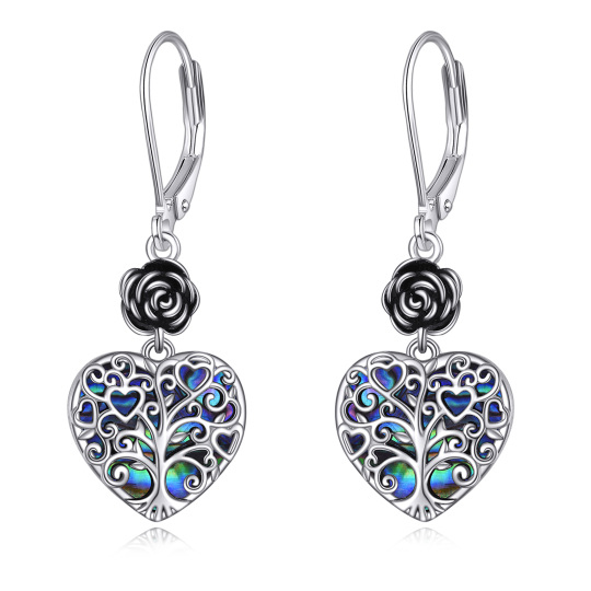 Sterling Silver Heart Shaped Abalone Shellfish Rose & Tree Of Life Lever-back Earrings