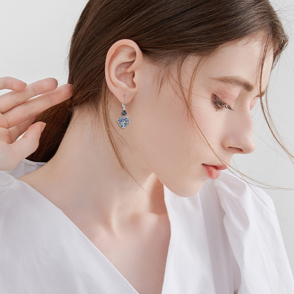 Boucles d'oreilles en argent sterling en forme de coeur Abalone Shellfish Rose & Tree Of L-2