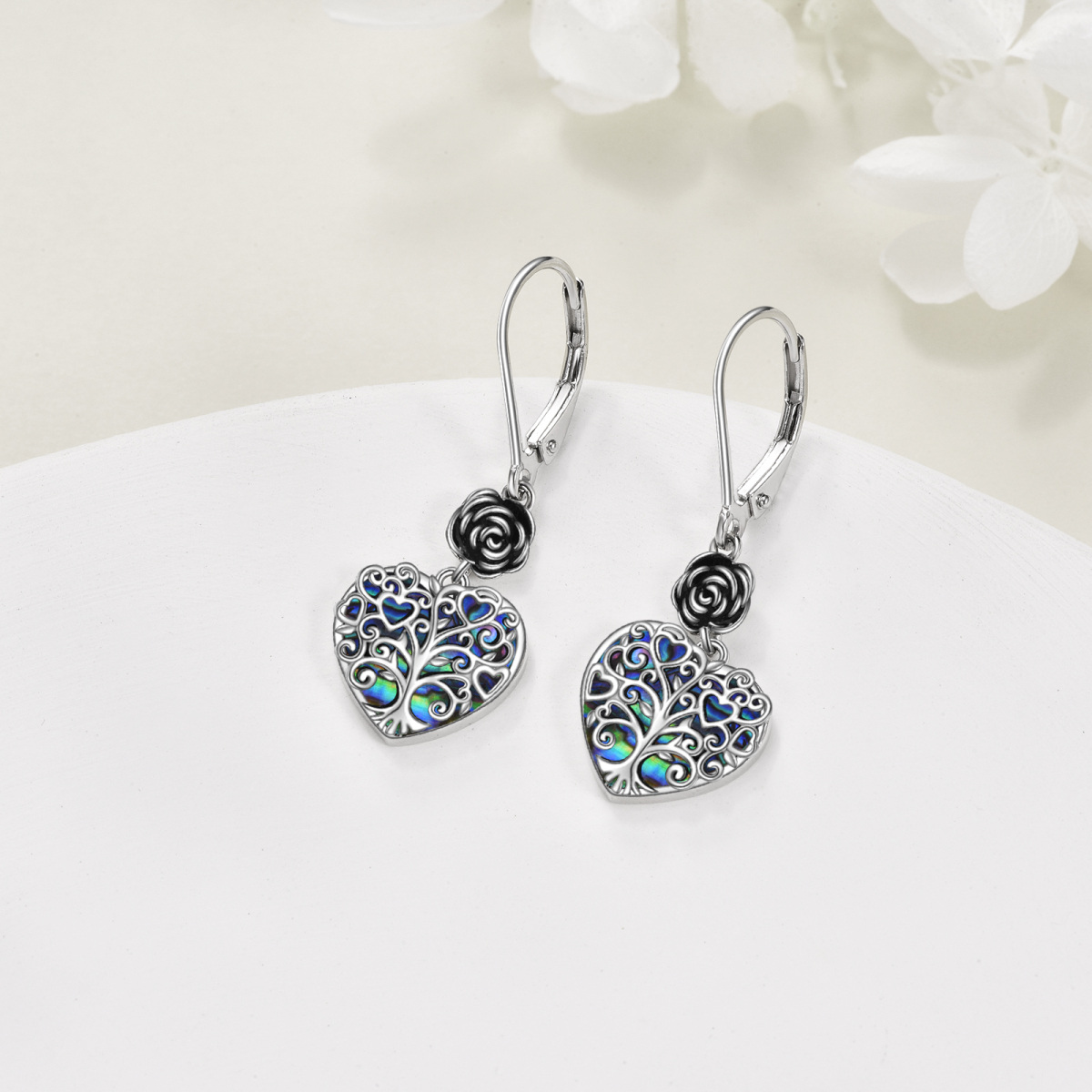 Boucles d'oreilles en argent sterling en forme de coeur Abalone Shellfish Rose & Tree Of L-4