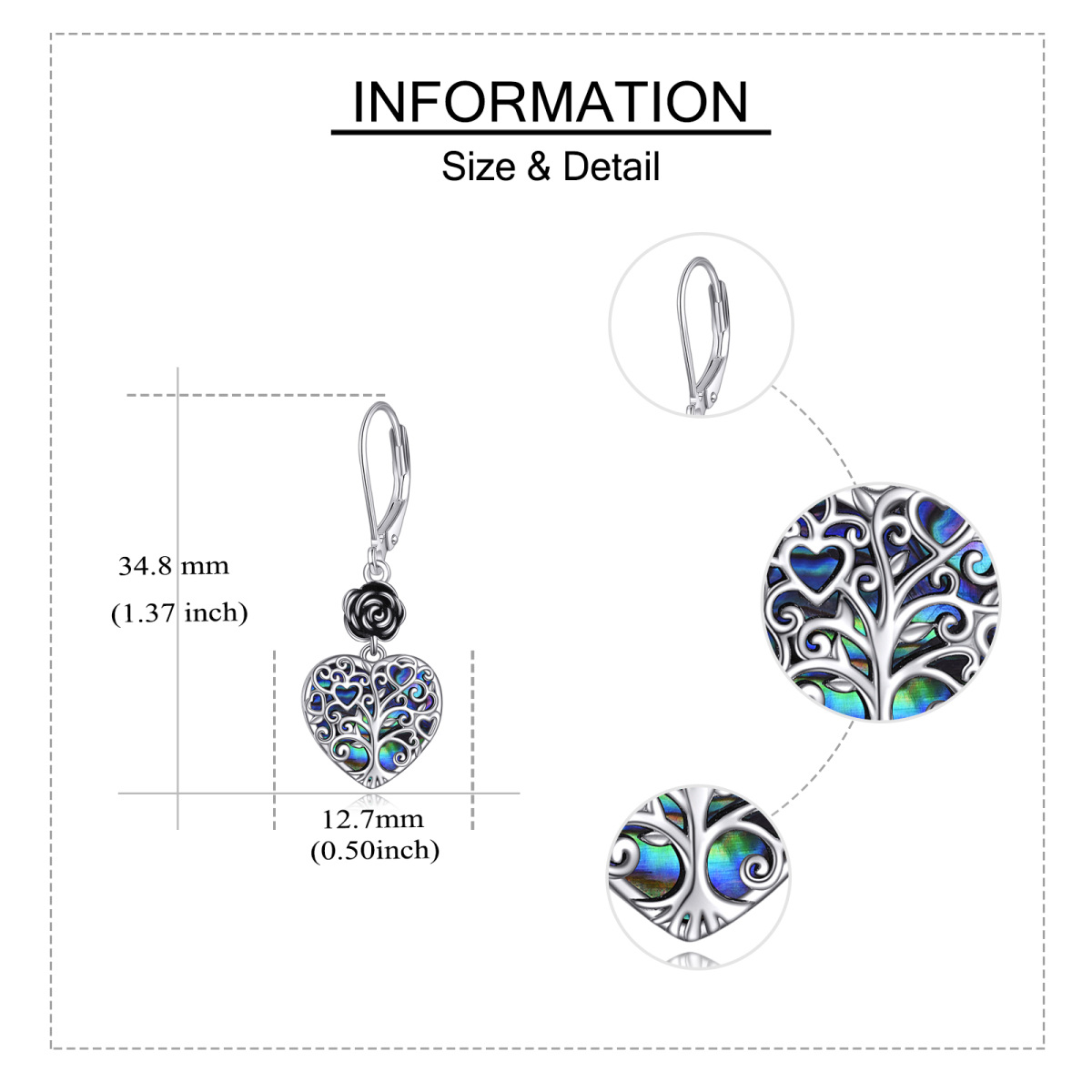 Boucles d'oreilles en argent sterling en forme de coeur Abalone Shellfish Rose & Tree Of L-5