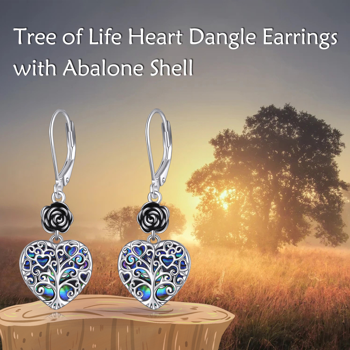 Boucles d'oreilles en argent sterling en forme de coeur Abalone Shellfish Rose & Tree Of L-6