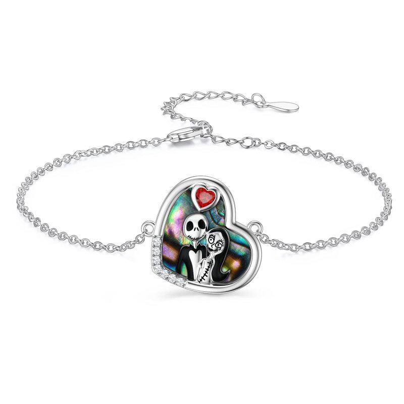 Sterling Silver Heart Shaped Abalone Shellfish Heart & Skeleton Charm Bracelet-10