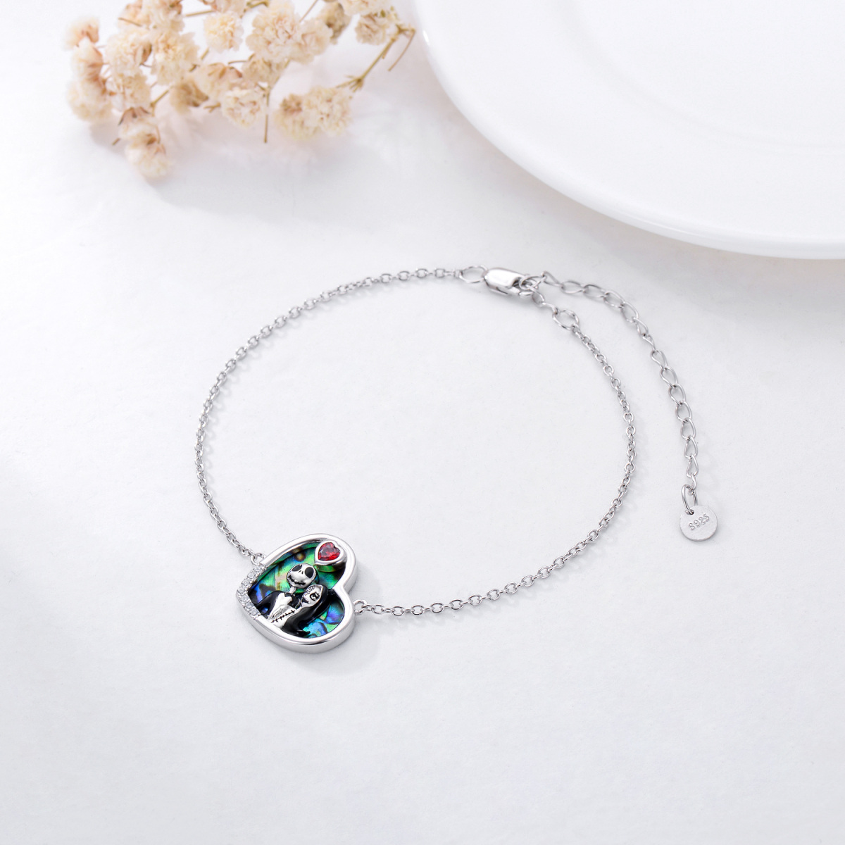 Bracelet en argent sterling avec pendentif coeur en forme de coquillage abalone et squelet-4