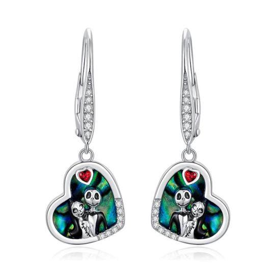 Orecchini pendenti da donna con cuore di mollusco abalone in argento sterling con teschio