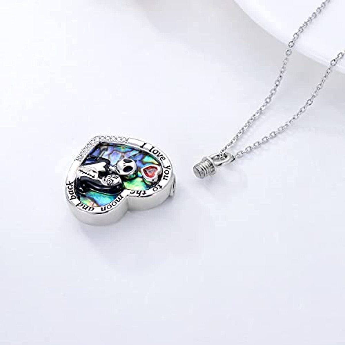 Sterling Silver Heart Shaped Abalone Shellfish Heart & Skull Urn Necklace for Ashes with Engraved Word-3