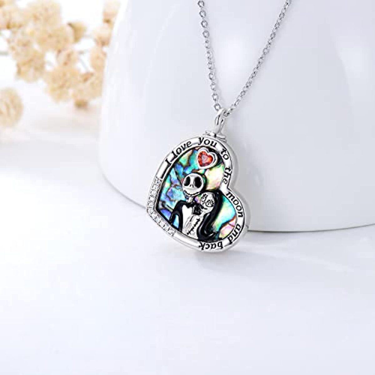 Sterling Silver Heart Shaped Abalone Shellfish Heart & Skull Urn Necklace for Ashes with Engraved Word-4