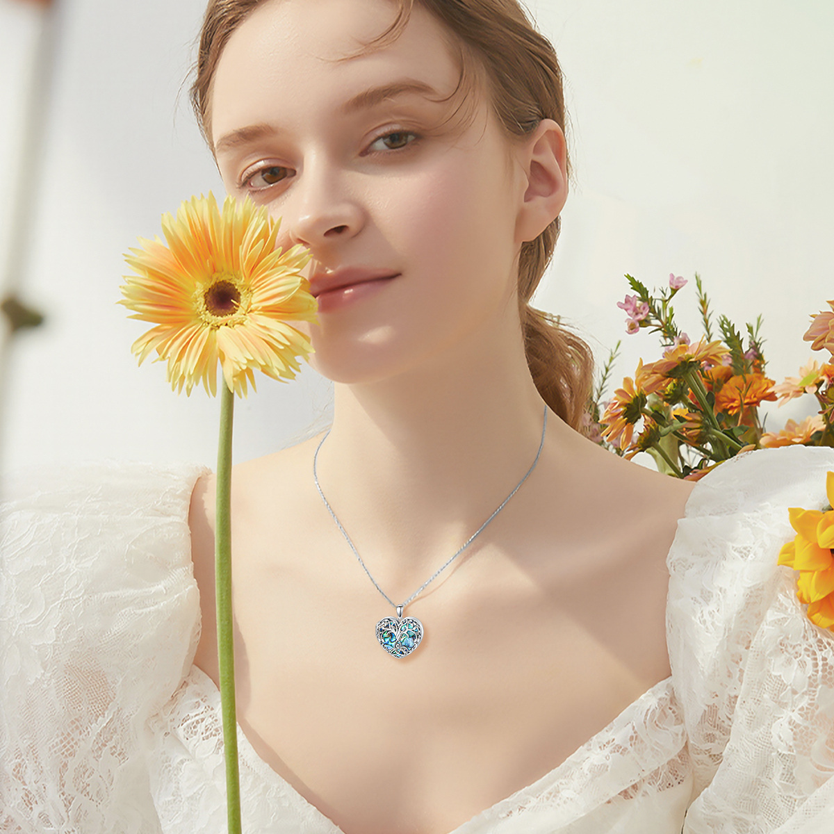 Collar con medallón de foto personalizado de plata de ley con forma de árbol de la vida y mariscos de abulón para mujer-2