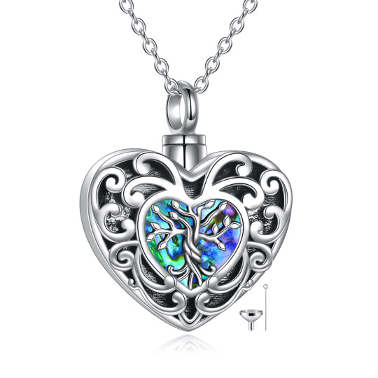 Sterling zilveren hartvormige Abalone schelpdier Tree of Life Urn ketting voor as met gegraveerd woord