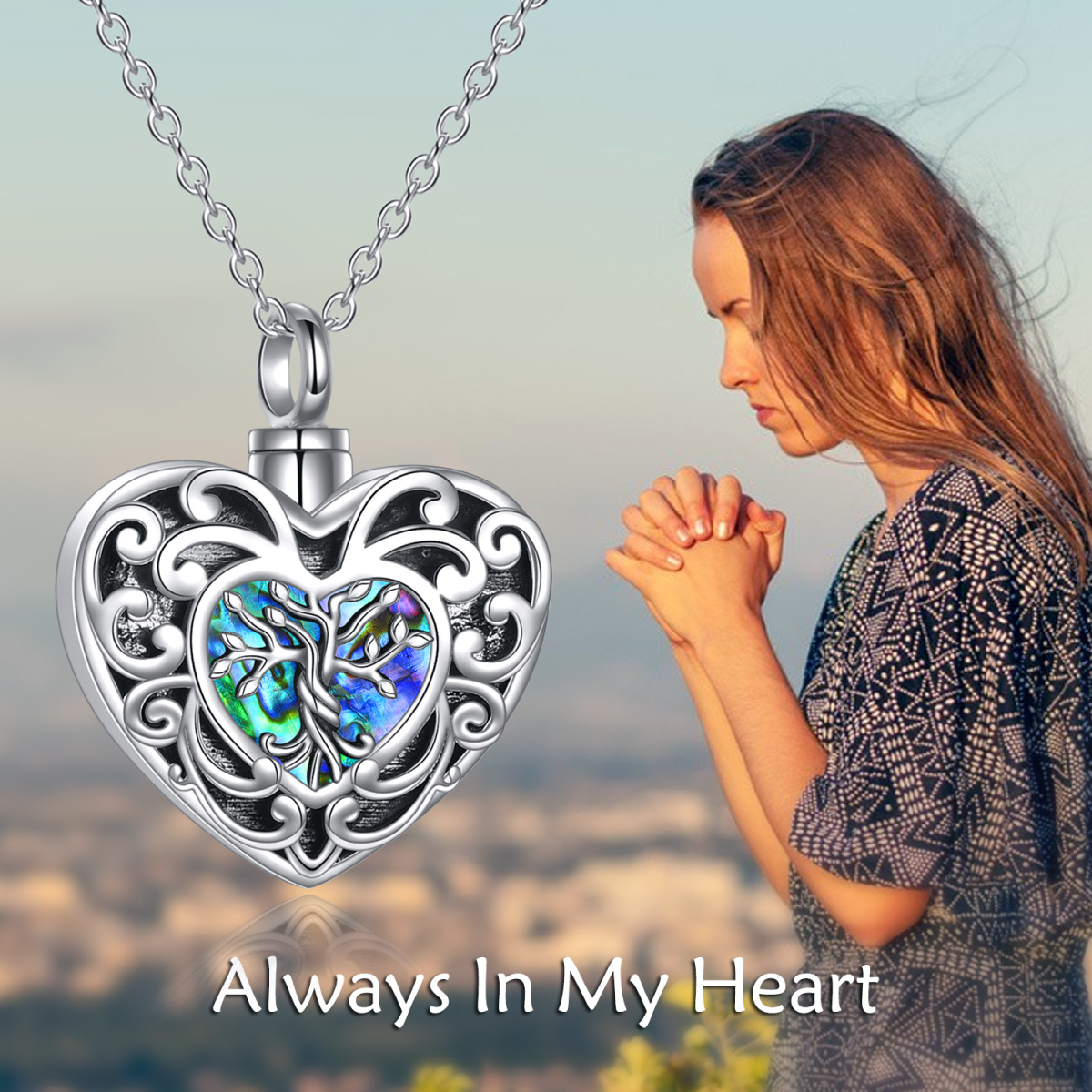 Sterling Silver Heart Shaped Abalone Shellfish Tree Of Life Urn Necklace for Ashes with Engraved Word-6