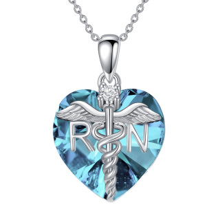 Sterling Silver Heart Shaped Angel Wing & Caduceus Crystal Pendant Necklace-3