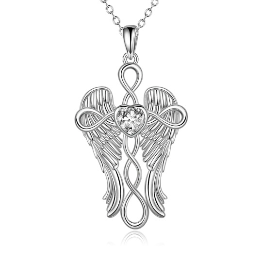 Sterling Silver Heart Shaped Cubic Zirconia Angel Wing & Cross Pendant Necklace