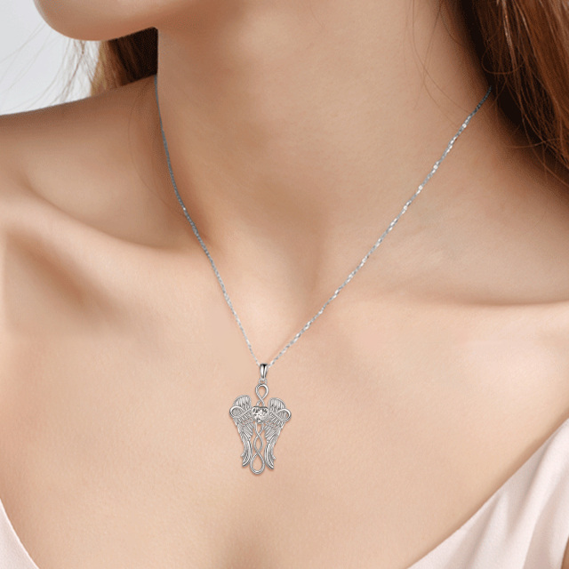 Sterling Silver Heart Shaped Cubic Zirconia Angel Wing & Cross Pendant Necklace-2