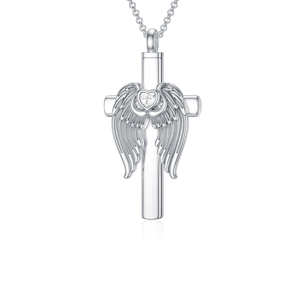 Sterling Silver Heart Cubic Zirconia Angel Wing & Cross Urn Necklace For Ashes-1
