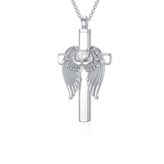 Sterling Silver Heart Shaped Cubic Zirconia Angel Wing & Cross & Heart Urn Necklace for Ashes